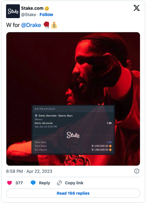 Screenshot of a Stake.com tweet celebrating Drake’s $1 million sports bet on Gervonta Davis, illustrating influencer promotion of online gambling.