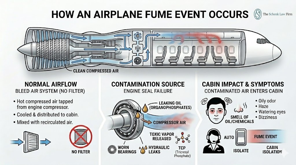 Infigraphic detailing how a fume event via airplane engine works