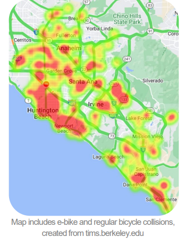 Heatmap of e-bike and bicycle collisions across Orange County, with hotspots in Anaheim, Santa Ana, Huntington Beach, and along the coast